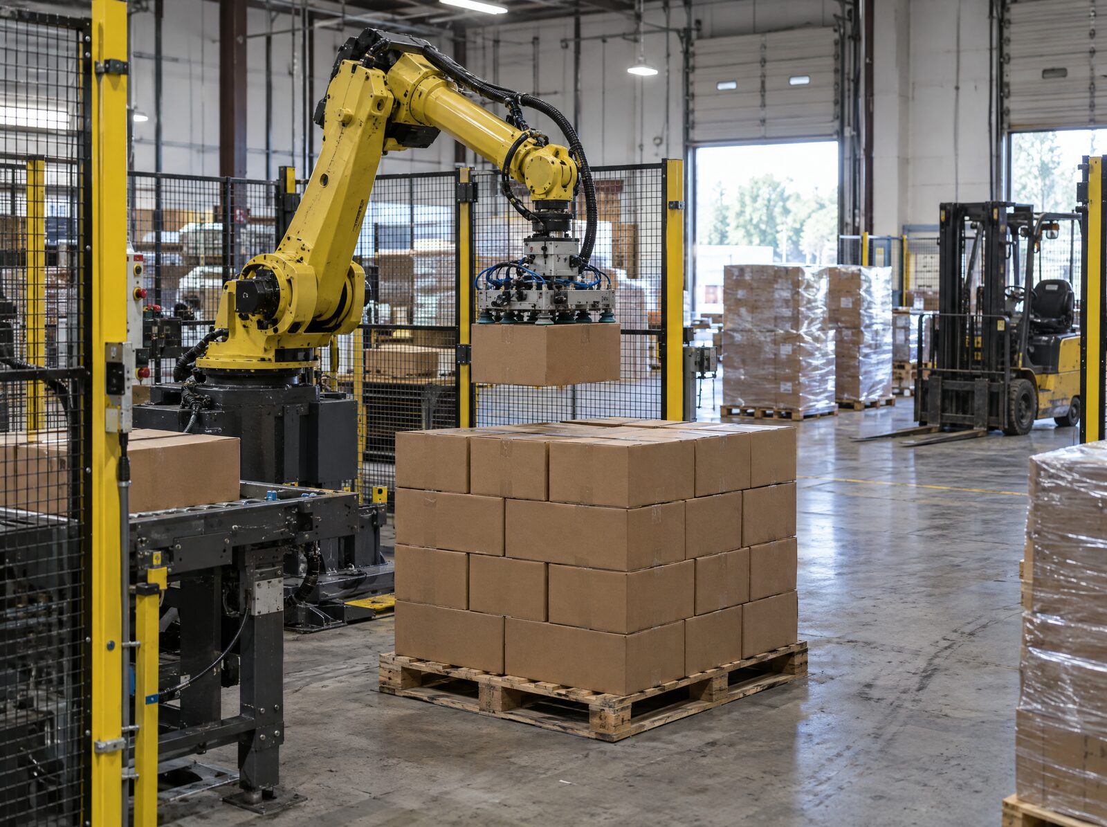 Robotic palletizer stacking cases at the end of a line
